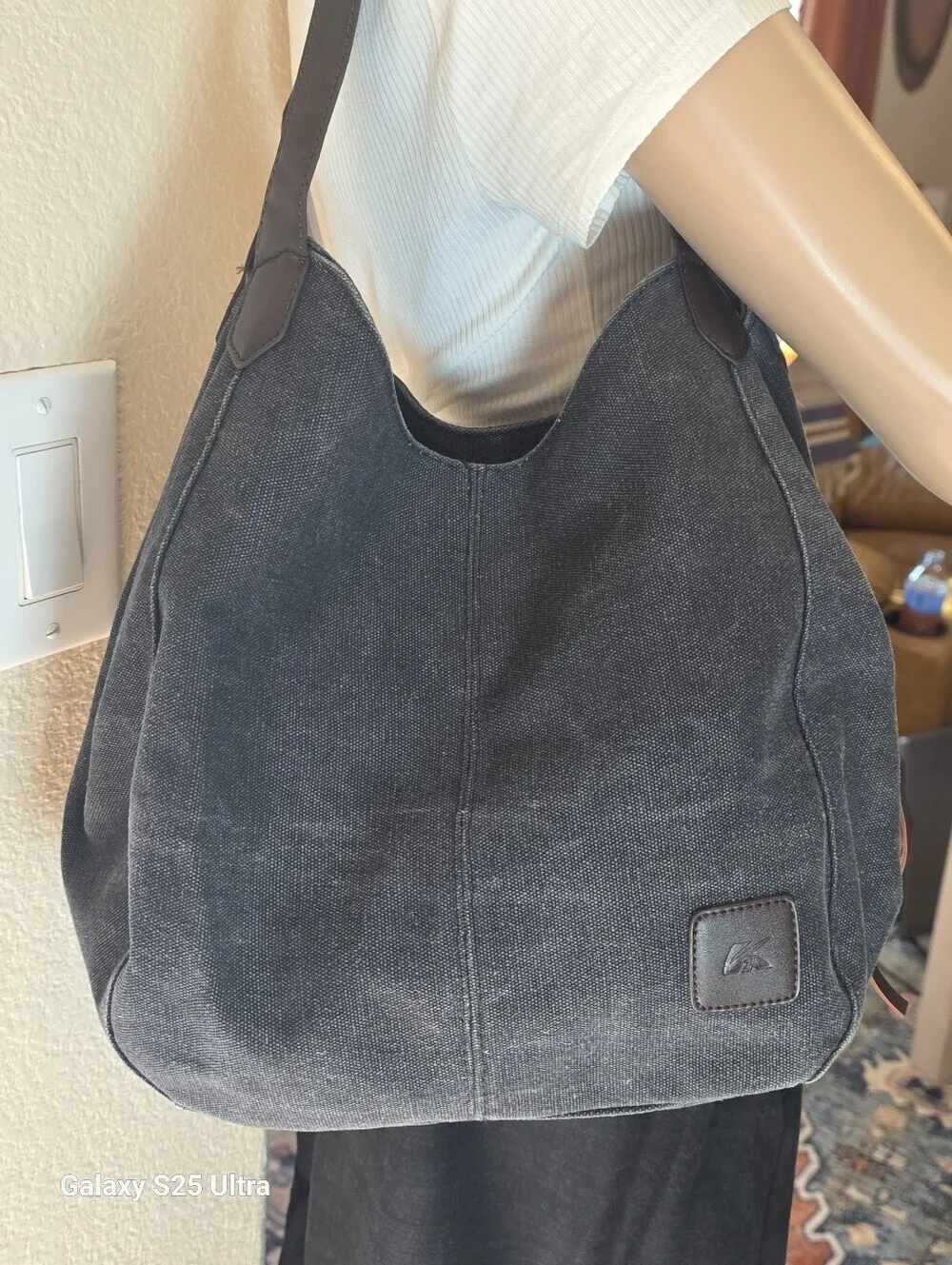K2 Classic Gray Washed Distressed Canvas Hobo Bag  EUC
